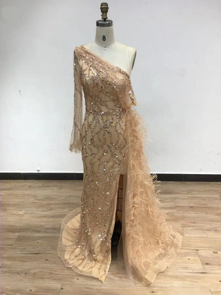 2024 Gold High Split Mermaid Prom Dress - Luxury One-Shoulder Evening Gown with Long Sleeve, Beaded Feathers for Parties