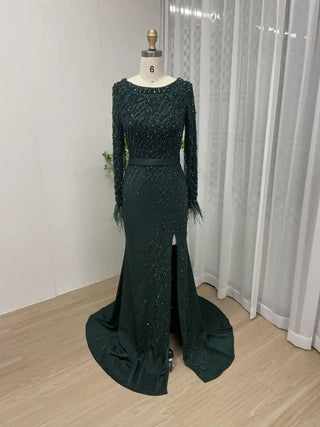 2024 Navy Long Sleeves Evening Gown - Stunning Beaded Dress with Feathers and High Split for Wedding Guests in Dubai