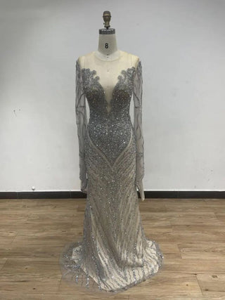 2024 Silver Long Sleeves Beaded Evening Gown - Elegant Arabic Haute Couture Mermaid Dress for Wedding Parties and Proms