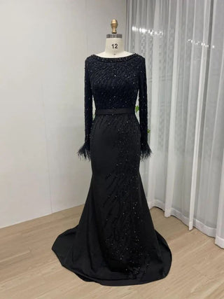 2024 Black Elegant Long Sleeves Muslim Evening Ball Gown - Gorgeous Beaded Feathers Mermaid Dress for Weddings and Parties