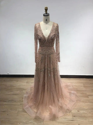 2024 Pink Elegant Long Sleeves Muslim Formal Party Gown - Sparkling Beaded A-Line Tulle Evening Dress for Wedding Guests in Dubai