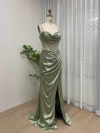 2024 Green High Split Mermaid Evening Dress - Sexy Beaded Slip Gown with Boning for Bridesmaids and Wedding Guests