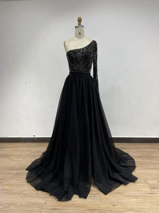 2024 Blue One-Shoulder Beaded Evening Dress - Exclusive A-Line Wedding Party Gown with Side Slit for Arabic Guests