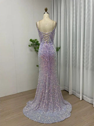 2024 Lavender V-Neck Slip Evening Dress - Stunning Mermaid Gown with Beaded Tulle for Women’s Weddings and Parties