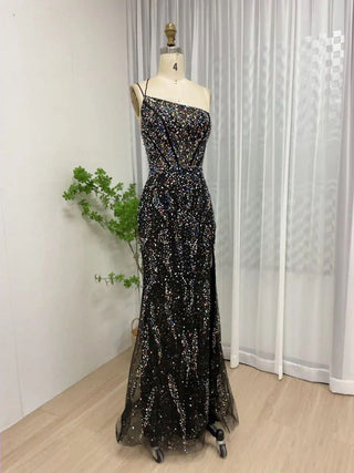 2024 Black Mermaid Evening Dress - Sexy High Split Beaded Tulle Gown for Girls’ Wedding Parties