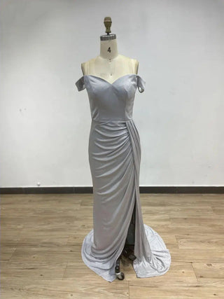 2024 Grey High Split Mermaid Evening Gown - Exclusive Off-Shoulder Pleated Satin Dress for Formal Parties