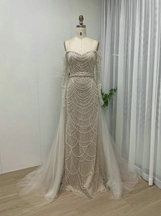 Dubai Luxury Beaded Off-Shoulder Mermaid Evening Dress - Arabic Elegant Strapless Long Sleeves Gown for Weddings and Prom