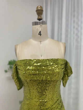 2024 Green Mermaid Off-Shoulder Evening Gown - Sparkling Sequined High Split Dress for Wedding Guests and Parties