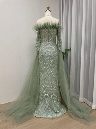 2024 Green Luxury Mermaid Evening Gown - Beaded Feathers Princess Dress with Cape Sleeves for Weddings and Parties in Dubai