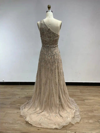 2024 Exclusive One-Shoulder A-Line Evening Gown - Elegant Beaded Ball Dress for Women’s Formal Occasions