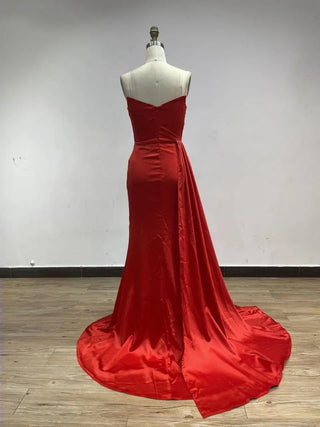 2024 Sexy Red Mermaid Evening Gown - Strapless High Split Pleated Satin Dress for Girls' Bridesmaids