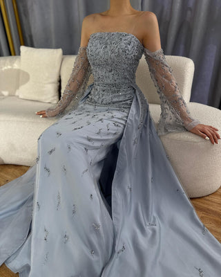 Ships in 1 to 3 Days - 2024 Arabic Strapless Blue Beaded Evening Gown with Pearls and Side Skirt - Luxury Dubai Dress for Women's Parties