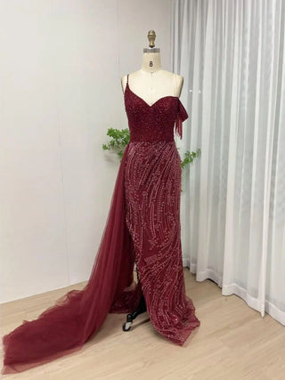 Ships in 1 to 3 Days - 2024 Gold Mermaid Evening Dress - Gorgeous High Split Beaded Wedding Party Gown with Off-Shoulder Tassels for Women