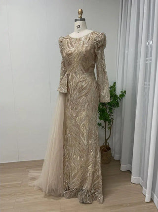 Ships in 1 to 3 Days - 2024 Gold Arabic Crystal Mermaid Evening Gown - Handmade Elegant Long Sleeves Dress for Women’s Weddings and Parties