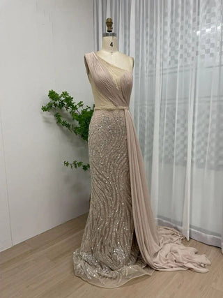 Ships in 1 to 3 Days - 2024 Gold Beaded Mermaid Evening Dress - Elegant One-Shoulder Gown for Graduation and Formal Events