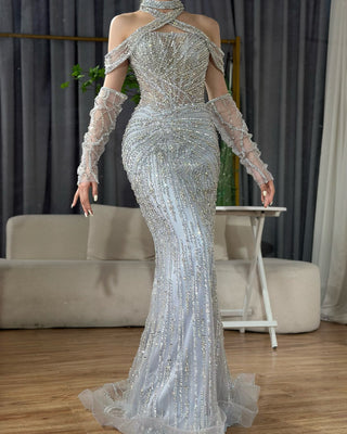 2024 Arabic Gray Decorative Halter Mermaid Luxury Dubai Evening Gown Beaded Dress for Women's Party