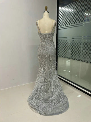 Ships in 1 to 3 Days - 2024 Silver Mermaid Evening Gown - Crystal Beaded Sleeveless Dress with Spaghetti Straps for Wedding Guests