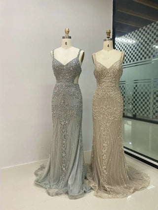 2024 Silver Mermaid Evening Gown - Crystal Beaded Sleeveless Dress with Spaghetti Straps for Wedding Guests