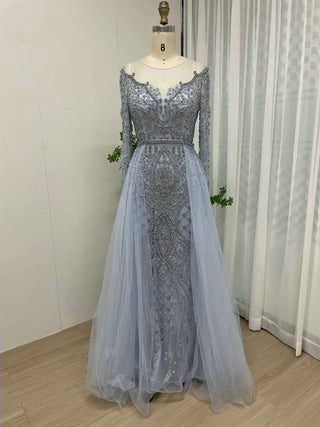 Ships in 1 to 3 Days - Nude Luxury Muslim Mermaid Evening Dress with Beaded Overskirt - Elegant Gown for Women's Party 2024