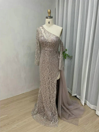 Ships in 1 to 3 Days -  2024 Luxury One-Shoulder Overskirt Evening Gown - Sparkly Sequin Mermaid Dress with High Split and Long Tail