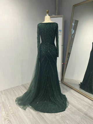 Ships in 1 to 3 Days -  2024 Green Luxury Beaded Mermaid Dress - High Split Prom Party Gown with Long Sleeves and Side Train