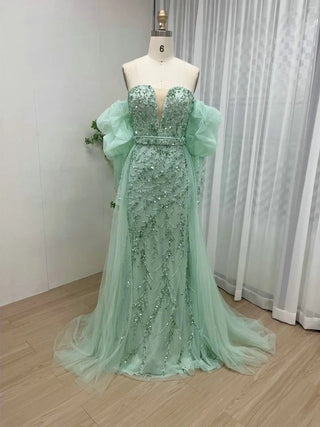 Ships in 1 to 3 Days - 2024 Arabic Mint Strapless Evening Gown - Sexy Balloon Sleeves and Beaded Mermaid Dress with Overskirt for Parties