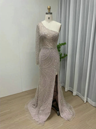 Ships in 1 to 3 Days - 2024 White One-Shoulder Mermaid Evening Gown - Sexy High Split Beaded Dress for Parties and Weddings