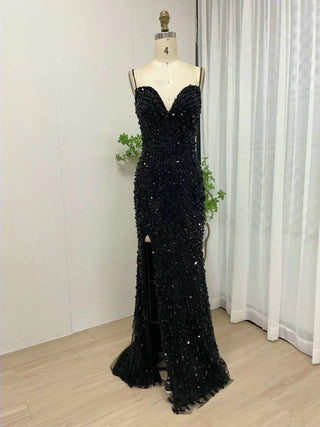 Ships in 1 to 3 Days - 2024 Green Luxurious Evening Gown - Beaded Spaghetti Straps High Split Mermaid Dress with Sweetheart Neckline for Brides and Parties