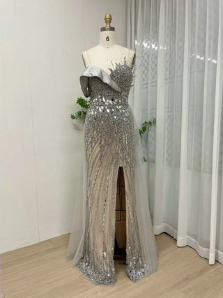 Ships in 1 to 3 Days - Stunning One-Shoulder Evening Dress - Beaded Feathers Mermaid Gown with High Split for Special Events and Weddings