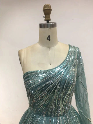 Ships in 1 to 3 Days - Luxury Mint One-Shoulder A-Line Evening Gown - Beaded Long Sleeve Dress for Women’s Formal Parties