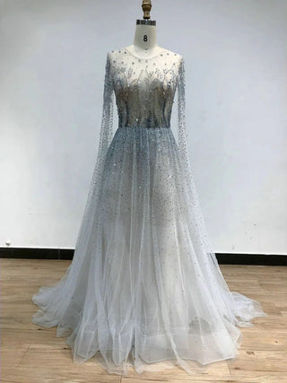 Ships in 1 to 3 Days - 2023 Light Blue Luxury Evening Dress - Illusion Crew Neck Cape Sleeves A-Line Tulle Gown with Beaded Details for Women’s Parties