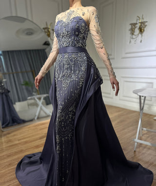 2024 Elegant Blue Saudi Arabic Evening Gown - Crystal Beaded Dress with Overskirt for Formal Occasions