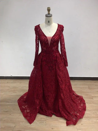 Ships in 1 to 3 Days - Burgundy Long Sleeve Dubai Evening Dresses with Overskirt: Pink Arabic Plus Size Formal Dress for Wedding Party Gowns