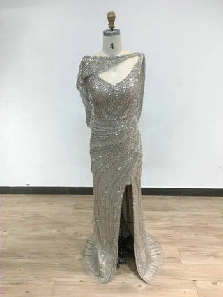 Ships in 1 to 3 Days - Luxury Silver Mermaid Dubai Evening Dress with Cape: Heavy Beaded Detail, Slit Prom Dresses for Women at Wedding Parties