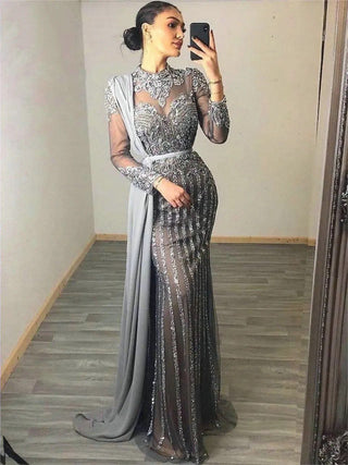 Ships in 1 to 3 Days - Luxury Crystal Dubai Muslim Evening Dress with Overskirt: Gray Arabic Formal Dresses for Women at Wedding Parties