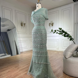 Sage Green Beaded Mermaid Evening Gown with Long Back Cape