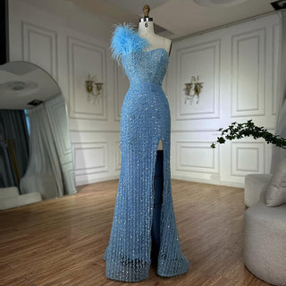 Gray Mermaid One Shoulder High Split Beaded Feather Luxury Evening Dress: 2025 for Women's Party