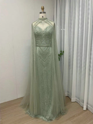 Ships in 1 to 3 Days - Muslim High Neck Mermaid Evening Gown - Mint Beaded Dress with Cape Sleeves for Women’s Celebrity Parties in Dubai