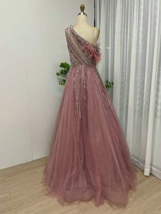 2024 Elegant One-Shoulder Beaded Feathers Evening Dress - Luxury A-Line Tulle Gown for Women’s Parties and Weddings in Dubai