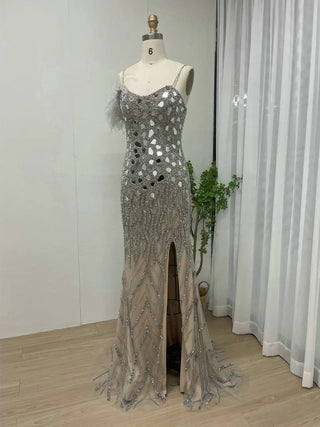 Ships in 1 to 3 Days - Silver Crystal Beaded Spaghetti Strap Evening Dress - High Split Mirror Mermaid Gown for Wedding Parties and Arabic Prom