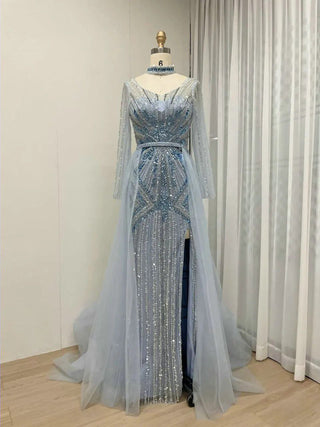 Exclusive Beaded Mermaid Evening Dress with High Split and Removable Train - Elegant Long Sleeves Dubai Wedding Party Gown