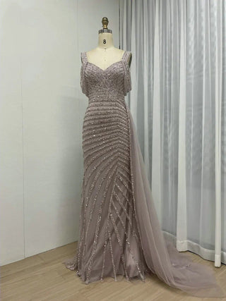 Off-Shoulder Mermaid Evening Dress - Arabic Luxury Gown with Exclusive Beading and Side Train for Weddings and Formal Occasions