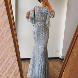 Dubai Grey Diamond Mermaid Long Sleeves Beaded Luxury Evening Gown - Perfect for Women's Party