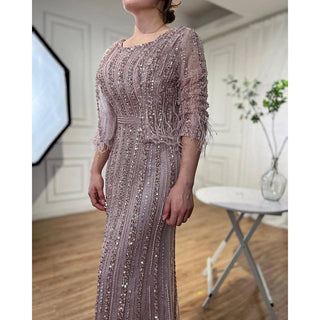 Dubai Grey Diamond Mermaid Long Sleeves Beaded Luxury Evening Gown - Perfect for Women's Party