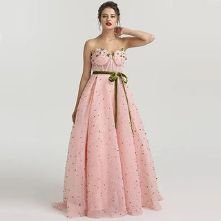 Pink Beaded Pearls Evening Gown 2024 - Long Formal Party Prom Dress with Sashes