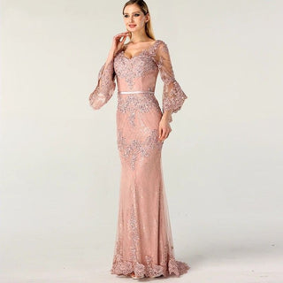 Ships in 1 to 3 Days - Pink Lace Diamond Evening Gown 2024 - Long Sleeve V-Neck Sexy Dress for Women