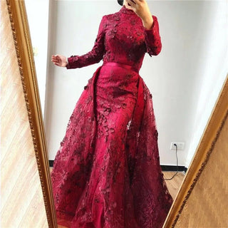 Muslim Romantic Pink Long Sleeves Evening Dress 2024 - High Neck Handmade Flowers Evening Gown