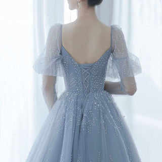 Ships in 1 to 3 Days - Blue Beading Pearls Evening Dress 2024: Long Puff Sleeves Sexy Women Formal Party Wear Ball Gown