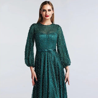 Dubai Green Pearls Long Sleeve Evening Dress - 2024 Tulle Luxury Beach Gown