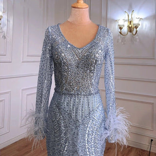 Luxurious Blue Mermaid Evening Dress - Feather Beaded Elegance for Women's Party